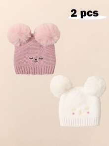 2 pezzi Cappellino neonato/bambino con doppia pallina, occhi chiusi e viso sorridente ricamato, berretto in maglia per neonati, bambini piccoli, inverno caldo cappello in maglia per bimbi e bimbe - Multicolore - Visualizzare 9