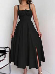 Women's Corset Dress Summer Casual Slit Spaghetti Strap Formal Midi Length Flowy Dress,Party New Year Warm Thermal Christmas Gift - màu đen - Xem 1