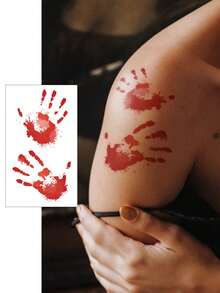 4 件万圣节临时纹身，假血手印，红唇，伤口图案，DIY 节日派对手指、耳朵、肩膀、颈部、锁骨、身体贴纸 - 紅色 - 查看 5