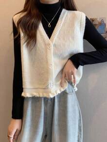 Chaleco de mujer con cuello en V para otoño/invierno con diseño de volantes en el bajo - Beis - Ver 4