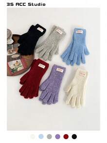 1 Pair Cute Candy Color Knit Gloves, Touch Screen Fingerless, Warm Winter Cycling Couple Knitted Gloves For Women, Thickened And Thermal Lined, New - Multicolor - View 12