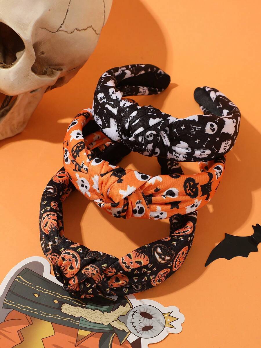 1 Stück Cartoon Kürbis & Geist Knoten Stoff Haarband, modisches breitbandiges Mädchen Haarschmuck, geeignet für Halloween, Feiertage und den täglichen Gebrauch für Kinder