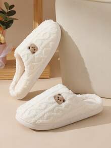 青少年毛绒熊保暖拖鞋，秋冬季保暖防滑室内家居拖鞋 - 白色 - 查看 4