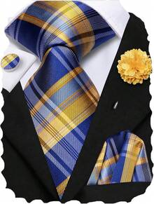 EstiloHi-Tie - Juego De Corbatas De Seda Para Hombre, 4 Piezas, Corbata Para El Cuello Y Bolsillo Cuadrados, DiseñO De Flores, Color Negro, Rojo Y VerdeVersióN Mejorada - Azul y marrón B - Ver 14
