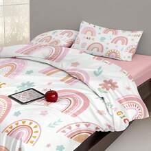 3pcs Set Cartoon Rainbow Printed Bedding Set - All Season Breathable Polyester Duvet Cover With Zipper Closure, Includes 1 Duvet Cover & 2 Pillowcases (No Filler Or Pillow Insert), Suitable For Home, Bedroom, Hotel, School