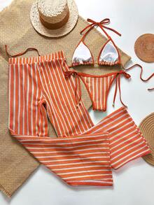 三件套女士钩针比基尼套装，含裤子和沙滩罩衫，欧式泳装，适合女士夏季度假、复活节、节日、郊游、约会之夜等场合，所有女士服装，秋季 - 橘色 - 查看 3