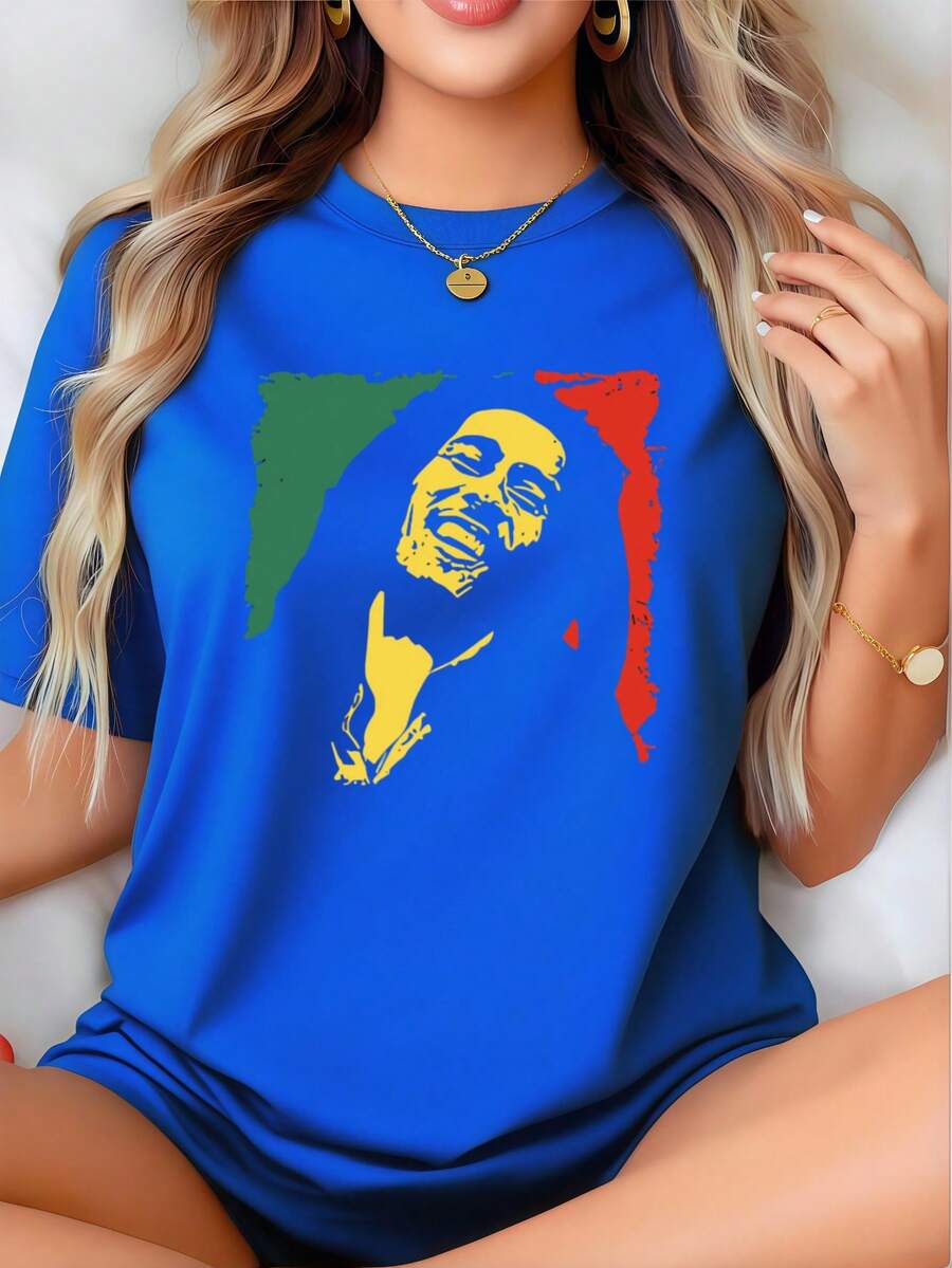 Women's Bob Marley's Symphony Of Colors T-Shirt, Women's 220g Round Neck Casual Heavy Pure Cotton T-Shirt (1 PC) - Màu xanh lam - Xem 1