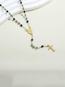 1pc Virgin Mary Rosary Beads Stainless Steel Cross Pendant Y Necklace For Women Religious Jewelry