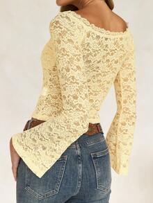 GAOVOT Women's Fall Top Y2K Sexy Slim One Line Shoulder Long Sleeve Lace Top
