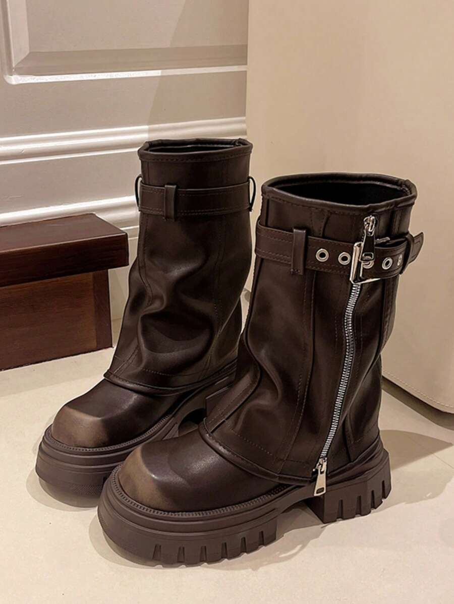 2025 New Thick Sole Platform Flared Leg Boots For Women, Autumn Retro Brown Short Knight Boots,Y2k Shoes - Brown - View 1