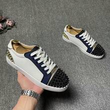 Red Sole Sneakers With Rivets Men, Casual Versatile Lace-Up Shoes - White Counter Version - View 1