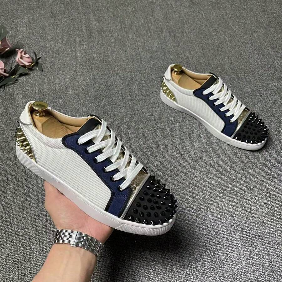 Red Sole Sneakers With Rivets Men, Casual Versatile Lace-Up Shoes - White Counter Version - View 1