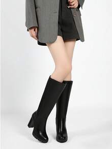 Stivali sopra il ginocchio alla moda e versatili con cerniera laterale e tacco chunky - nero - Visualizzare 3