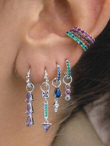 Shescity 一套7件时尚锆石耳环，适合女士日常休闲佩戴 - 銀白色 - 查看 10