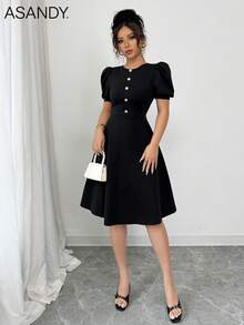 女士休闲纯色纽扣灯笼袖迷你连衣裙 - 黑色 - 查看 4