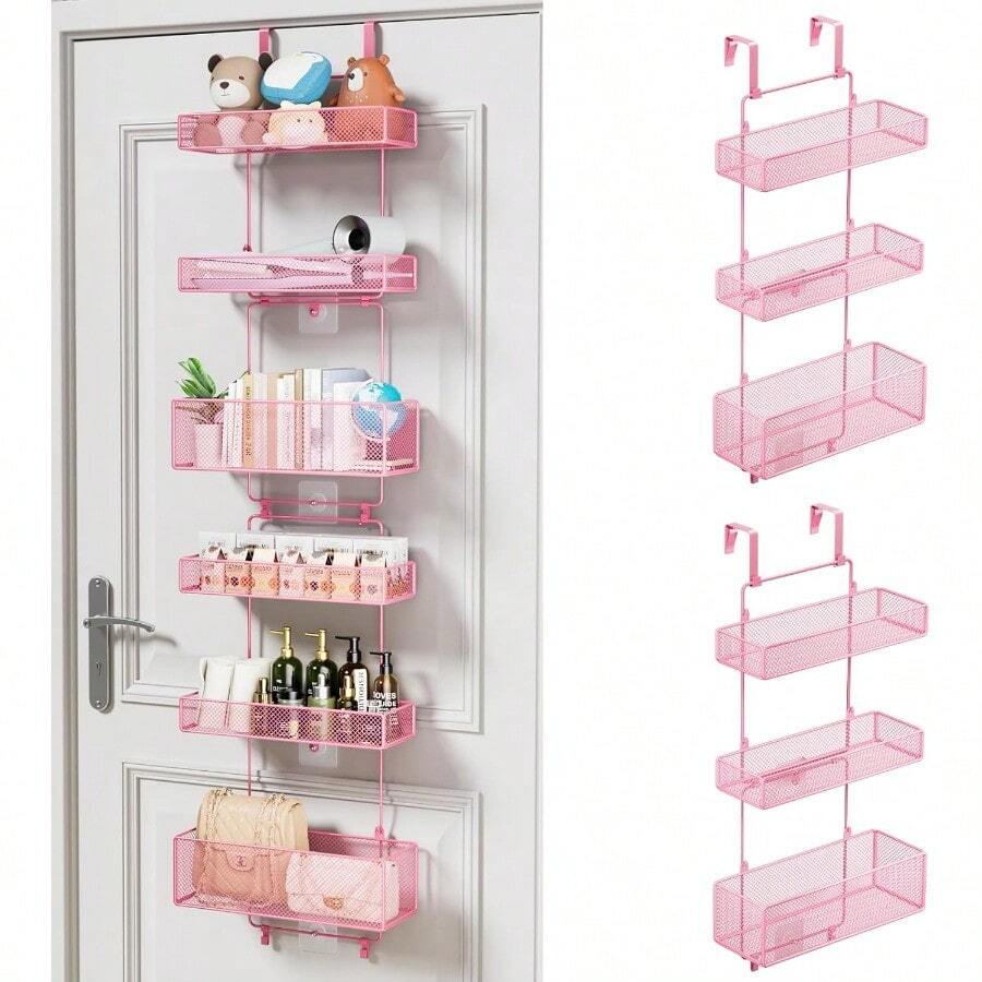 Over Door Organizer Storage Separable Door Organizer Hanging With 6 Metal Large Capacity Baskets For Bathroom Bedroom Kitchen Pantry Closet Pink - 粉色 - 查看 1