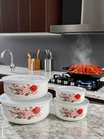 5 件多功能密封水果蔬菜保鲜容器 - 搪瓷密封食品储存套装，10/12/14/16/18 盎司，适用于水果、蔬菜、盖子、厨房、圣诞礼物碗、密封零食碗 - 非常适合家庭、办公室、学校、野餐、露营、密封保存、冰箱储存碗