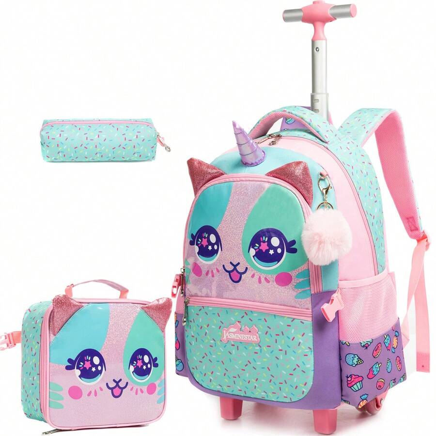 Rolling Backpack For Girls Backpack With Wheels For Elementary Student Kids School Bag With Lunch Box Pencil Case For Girls Ages 6-12 Years Old - Pink - View 1