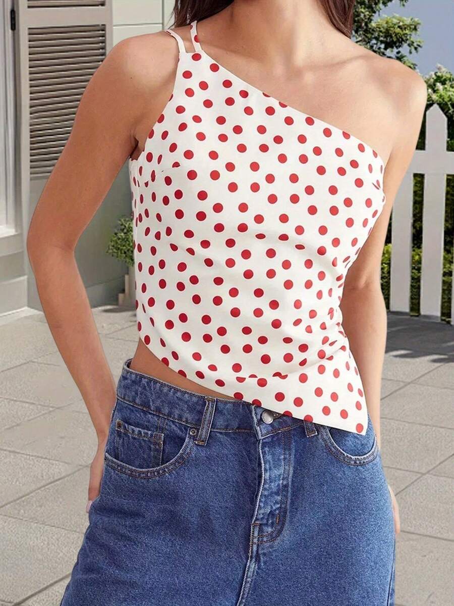Women One-Shoulder Top, Sleeveless Dots Print Irregular Slim Fit Tank Top Summer Clubwear - Đỏ - Xem 1