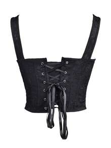 Y2K 束胸提花图案黑色女式方领紧身胸衣吊带背心，前钩前系带露背可爱宽肩带短款背心，休闲日常舒适外出装万圣节服装 - 黑色 - 查看 2