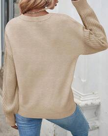 Women's 2025 Fall Long Sleeve Crew Neck Solid Color Knit Chunky Casual Oversized Pullover Sweater Tops - 麥片 - 查看 3