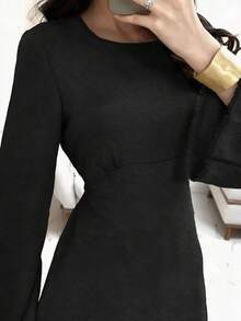 Spring Autumn Elegant Round Neck Long Long Sleeve Dresses Tie Belt Dresses Back To School Season