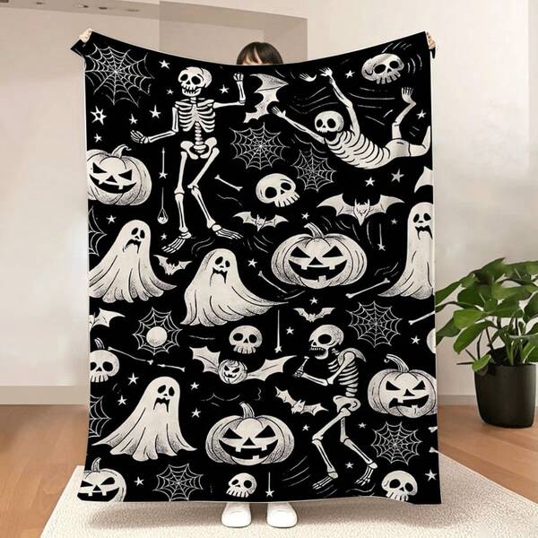 1pc Vintage Halloween Themed Flannel Blanket - Ghost, Skull, Pumpkin And Spider Web Digital Print - Soft, Cozy, Multipurpose For Sofa, Bed, Travel, Office - Suitable For All Seasons