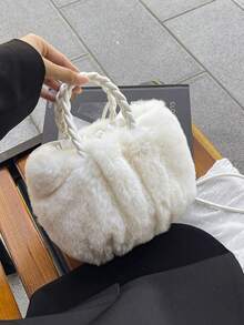 女士毛绒小水桶包，时尚简约手提包，毛茸茸休闲托特包，百搭可爱女士包，配有编织肩带和抽绳，新款女士皮草包 - 彩色 - 查看 15