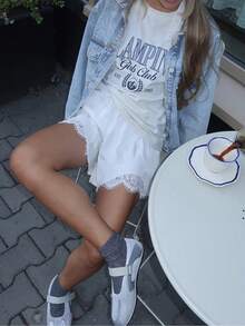 Women's Casual Elastic Waist Lounge Shorts Comfy Stretch Lace Trim Summer Beach Ruffle Shorts - 白色 - 查看 2