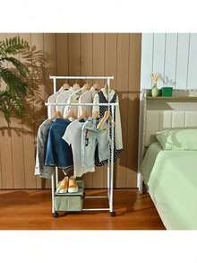 1件双杆晾衣架 - 多层收纳衣帽架，落地式卧室多功能衣架，用于存放衣服、裤子、鞋子和帽子，轻奢挂衣架。落地式室内家用衣架带轮，适用于服装店、卧室；商用衣架和晾衣架 - 白色 - 查看 5