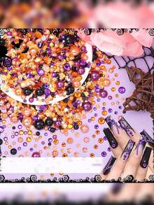 2 Boxes Mixed Pearls And Rhinestones For Nail Art, Crafts, Orange Purple Black Halloween Flat Back Pearls For Nails, With Tweezers And Wax Pencil, Embedded With Sparkling Gemstones For DIY Face, Eyes, Cosmetics, Roller, Bottle Making - Orange - View 2