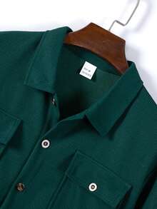 Bộ 2 món áo sơ mi nam màu trơn có cổ và túi + quần, chất liệu polyester nhẹ, thích hợp cho hoạt động thể thao, nghỉ dưỡng, mùa xuân/thu. - Màu xanh lá cây đậm - Xem 5