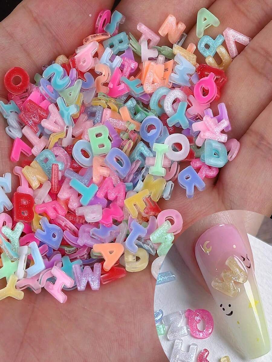 50/100/150/200/250件字母美甲飾品，隨機糖果色樹脂字母水鑽，可愛平底字母美甲寶石亮片設計，DIY手工美甲配件，美甲用品 - 彩色 - 查看 1