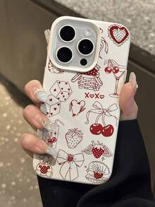 1pc Vintage Fashionable Red Cherry Bow Illustration Textured Anti-Drop Soft Phone Case, Compatible With Apple, Phones - Multicolor - View 4