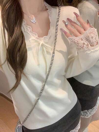 Sweet Lace Trim V-Neck Long Sleeve Knit Sweater, Korean Design Bowknot Camisole Pullover