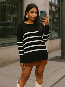Women's Striped Sweater Knitwear Cold Weather Round Neck Long Sleeve Poncho Autumn/Winter Fashion Casual Stylish Knitwear - 黑色 - 查看 1