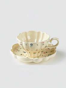 1 Set Taza y platillo de cerámica con flores silvestres románticas de primavera, Taza y platillo de café con flores frescas de verano, Taza de arte de latte ondulado, Plato de postre lindo, Plato para dulces, Ideal para reuniones al aire libre, picnics, decoración de cafés