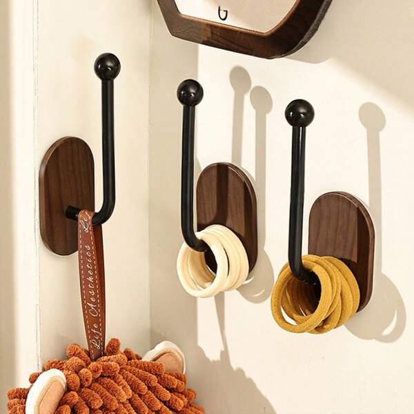 1/2/3pcs Faux Walnut Wood L-Shaped Hooks, Hair Tie, Headband, Hair Scrunchie Storage Hooks, No Drill Wall Mounted Hooks, Jewelry, Hair Accessories, Clips, Rubber Band Hooks, Towel Hooks