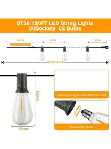 120FT Festoon String Lights – 60+2 ST38 LED Bulbs, 2200K Warm White, Waterproof Outdoor Patio Lights, Mains Powered For Garden, Backyard, Party & Wedding [Energy Class E]
