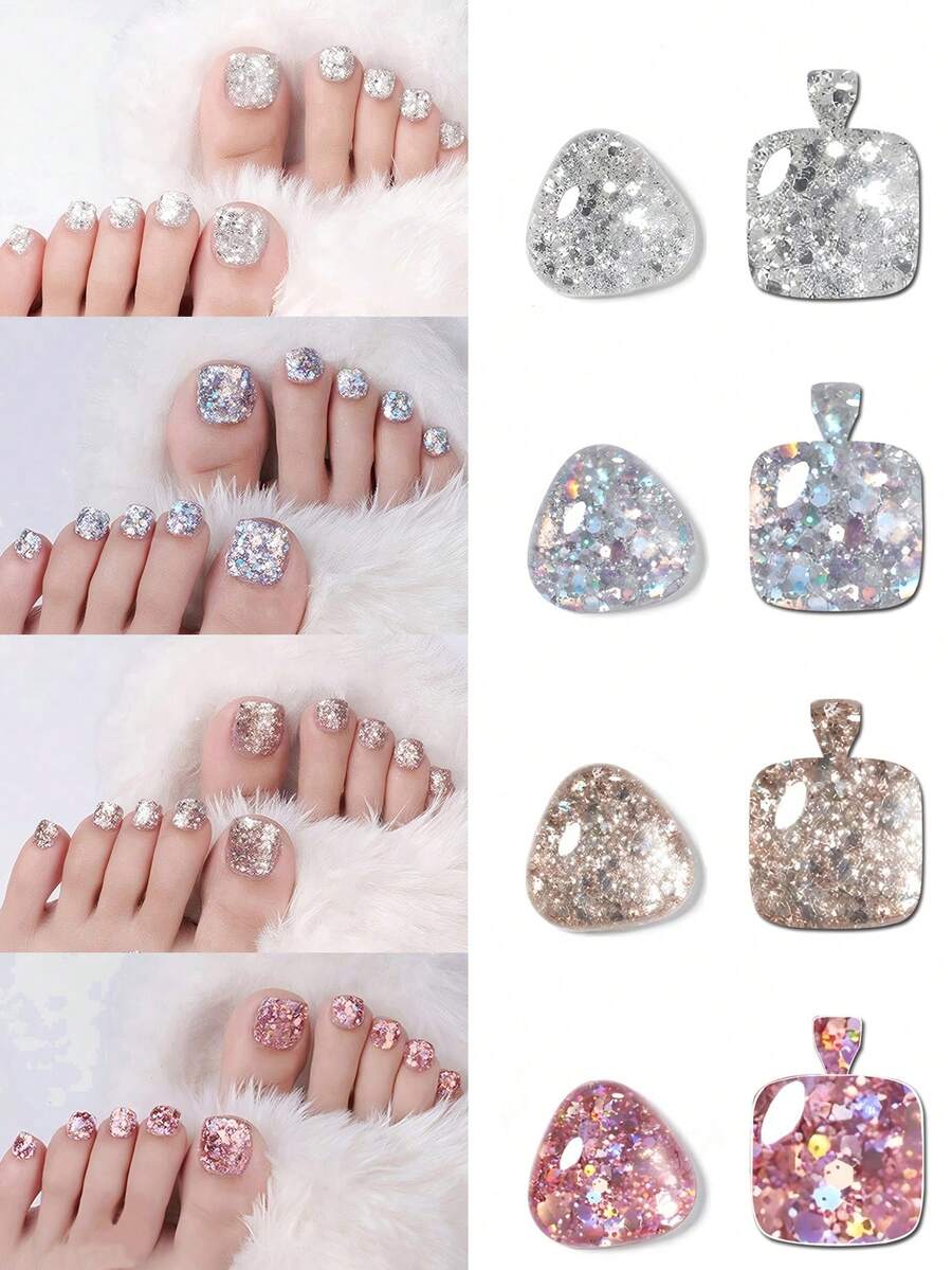 96片/4套 - 短方形脚趾甲，闪亮亮片美甲贴纸，按压式，简约时尚，适合送给女孩、母亲、女性，美白美甲套装，包含可卸假指甲，适合节日、派对、约会和日常佩戴