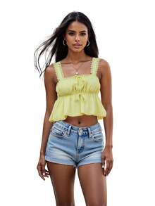 Camisola para mujer, top sin mangas con espalda descubierta, plisado, liso, con lazo, chaleco de verano para fiesta y club. - Amarillo - Ver 7