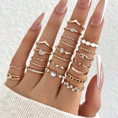 Juego de 23 piezas de anillos de nudillos de moda, anillos de mujer con cristal, estrella, luna, ojo y onda en oro y plata, joyería de fiesta para mujer