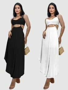 Kit 2 Vestido Feminino Alcinha Soltinha Com Fenda Vazado Viscolinho Festa