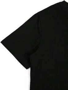 Camiseta negra con patrón de calavera blanca, efectos de gotas y letras "Pla" en la espaldaCamiseta de Algodón Negra con Cuello Redondo para Hombres, Ajuste Holgado Casual, Regalo Perfecto para el Día del Padre, Lavable a Máquina, Regalos para Papá, Estilo Casual de Fin de Semana, Uso para Todas las Estaciones, Tejido de Algodón Suave y Delicado - Negro - Ver 4