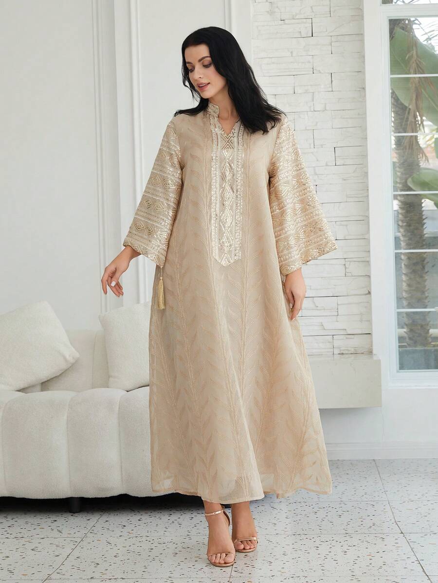 女士刺绣网纱立领亮片长袖连衣裙，优雅春季长袍