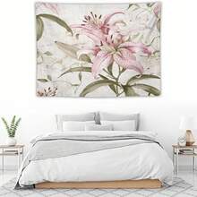 Pink Lily Flower Tapestry As Wall Art Tropical Blossom Leaves Tapestry Aesthetic Landscape Tapestry Wall Hanging For Bedroom - 彩色 - 查看 2