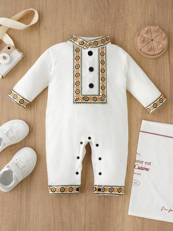 Baby Boy's Eid Al-Adha Outfit White Jumpsuit With Arabic Geometric Print, Festival Of Sacrifice Themed Short Sleeve Long Pants Romper, Classic Collared, Gift For Muslim Families, Newborn, Summer Outdoor Celebration Attire, Perfect For Outdoor, Gift For Eld, Gift For Ramadan