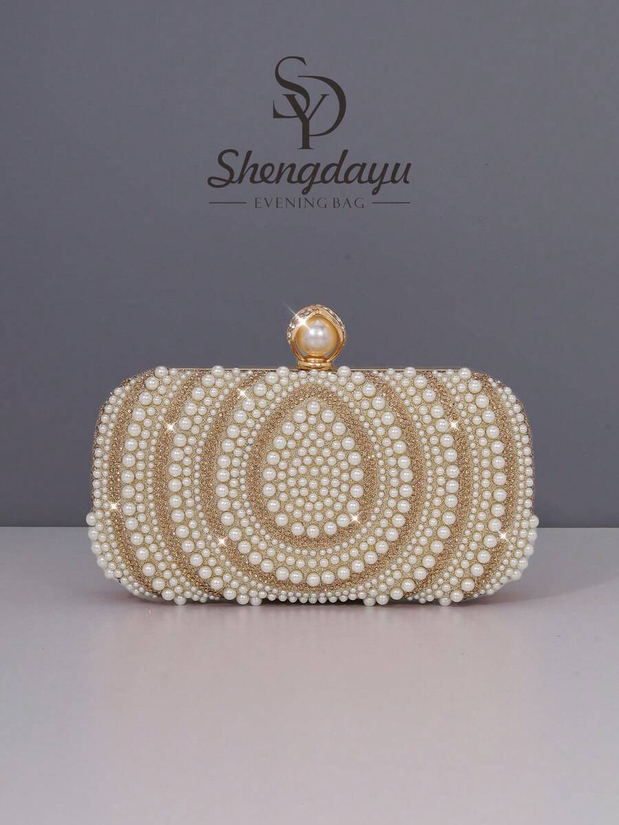 1 szt. Olśniewająca złota torebka wieczorowa z brokatem, kusząca, elegancka, wykwintna torebka z kryształkami, romantyczna torebka damska z perłami, idealny prezent na imprezę, wesele, galę, pasuje do sukienek imprezowych i sukienek z cekinami, elegancka torebka z pereł - Złoto - Zobacz 1