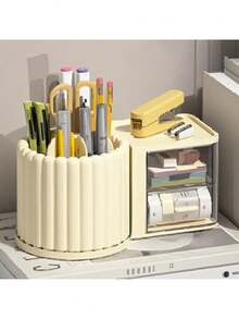 1 pieza Organizador de escritorio con soporte giratorio para bolígrafos y cajón pequeño, adecuado para almacenamiento en el escritorio del hogar