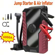 New Model Starter With Air Compressor, Portable Battery Starter 6000A Peak 150PSI Digital Tire Inflator, Portable 12V Car Battery Charger (2.64 Gallons Of Gasoline / 2.11 Gallons Of ) Quick Start Car With USB Charging Port And LED Emergency Light, Car Accessories Tools 6000A & 3000A Available Christmas - Igniter and air pump - red and black - 查看 1